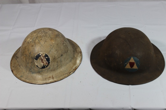 2 US WW1 Style WW2 Civil Defense Helmets.