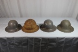 Lot of 3 WW2 British Civil Defense Zuckerman Helmets & 1 US Civil Defense Helmet