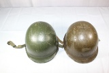 Lot of 2 US WW2 Front Seam Swivel Bale Helmet Shells. Overpaint. 1 Vietnam Liner.