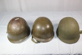 Lot of 3 Post WW2 Rear Seam Swivel Bale Helmet Shells. One W/ Front Decal. Vietnam M1C Liner.