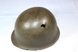 US WW2 Front Seam Fixed Bale Helmet Shell. Shot Through. Missing 1 Bale. Sticker Remnants.