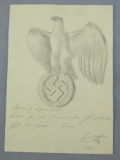 Pencil Drawing/Quick Sketch Of Eagle Holding Swastika W/Inscription-Signed A. Hitler-Dated 1940