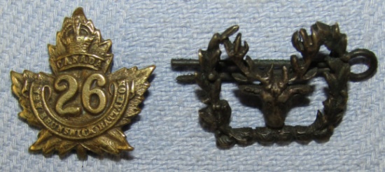 2pcs-WW1 Period Canadian Cap Badges. 26th New Brunswick Battalion, CEF
