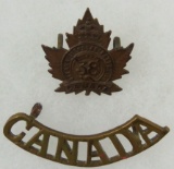 WW1 38th Ottawa Overseas Battalion Cap Badge/Canada Corps Shoulder Title