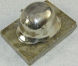 Chromed German Helmet On Marble Base Desk Ornament