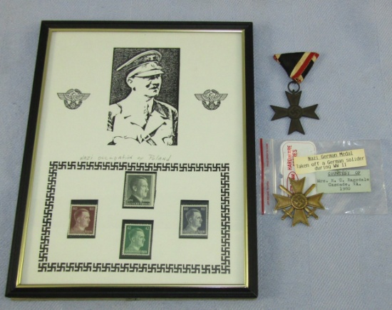 Framed Hitler Stamps Display-Vet Bringback War Merit Crosses