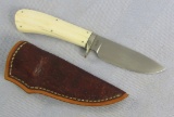 Rare One Of A Kind Fossilized Walrus Tusk Grip Hunter Knife W/ Leather Sheath