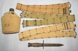 5pcs-WW1/WW2 U.S. Soldier Web Belts-M4 Bayonet-1944 Dated Canteen W/Cup/Cover