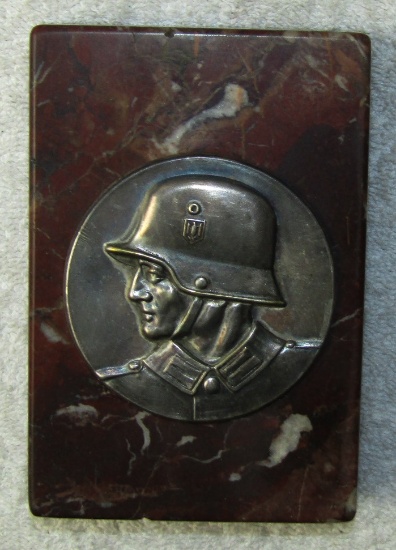 WW2 German Soldier Metal Desk Plaque On Thick Brown Swirl Italian Marble