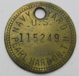 Rare U.S. Navy Pearl Harbor Navy Yard Locker/Equipment Brass Disc-From Pearl Harbor Survivor Estate