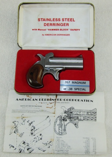 Stainless Steel Double Barrel Derringer (.357/.38) Cal. By American Derringer Co. With Issue Case
