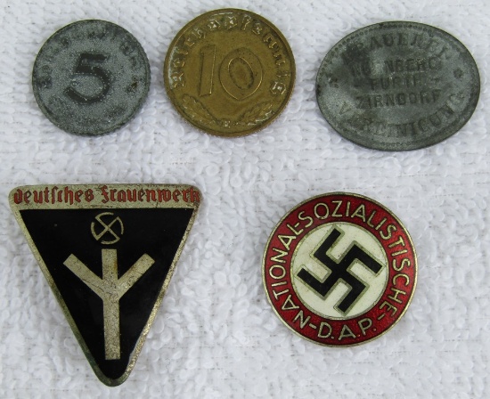 5pcs-WW2 Pfennig-NSDAP Member Pin-Frauenwerk Member Pin-1935 dated Beer Mug Token