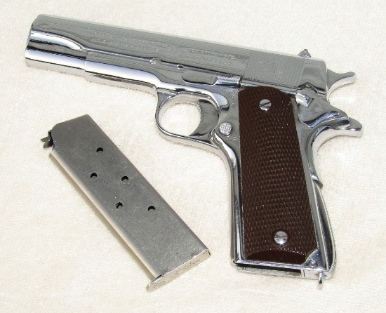 WW2 Colt M1911A1 .45 Ca. Semi Auto Chrome Finish Pistol W/Clip