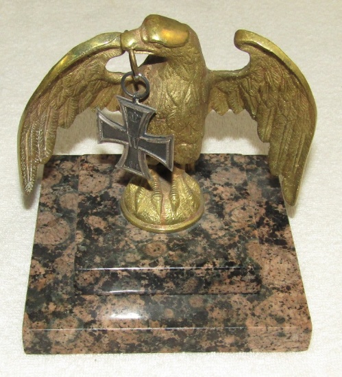 Unique Cast Brass Eagle Sculpture On Italian Marble Base With WWI Iron Cross 2nd Class On Display