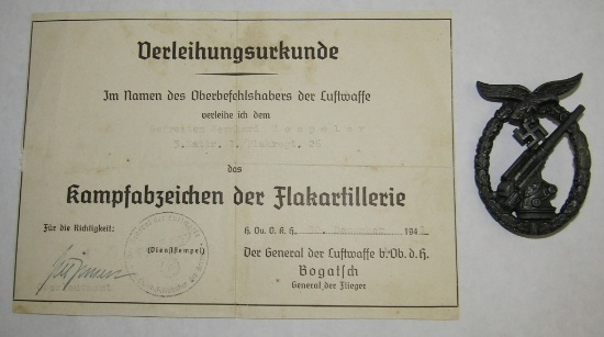 Luftwaffe Flak Badge With Award Document-Badge Is "WH" (Wilhelm Hobacher) Maker Marked