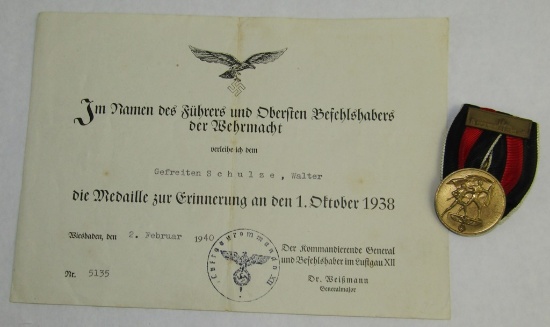 Czech Annex Parade Mounted Medal With Prague Ribbon Bar Device-Award Document