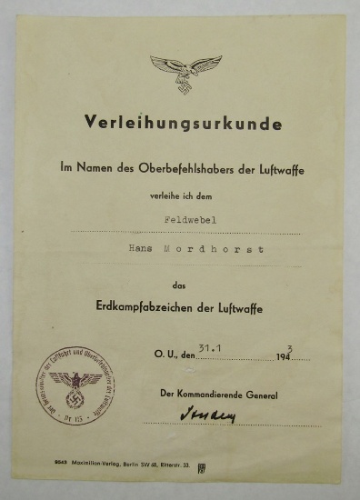 Rare Original Award Document For The Luftwaffe Ground Assault Badge-Named To Feldwebel