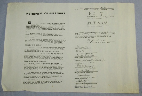 Rare Velum Copy Of  "The Japanese Instrument Of Surrender"  W/Official  U.S. Eagle/Shield Water Mark