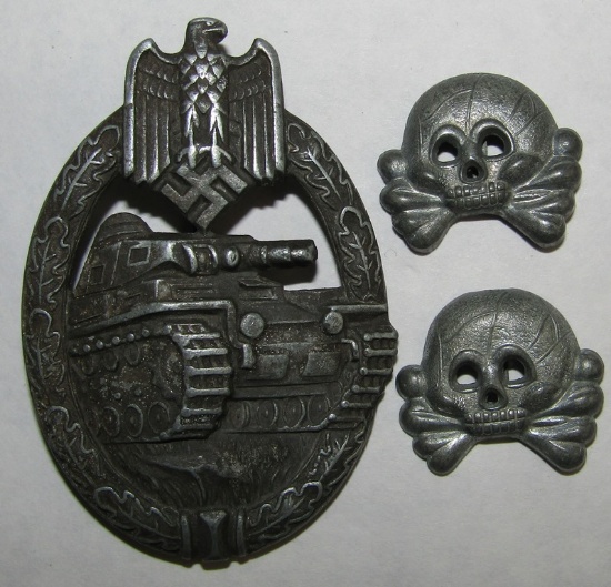 3pcs-Panzer Tank Badge In Silver By Karl Wurster-Wrapper Collar Tab Skull Devices