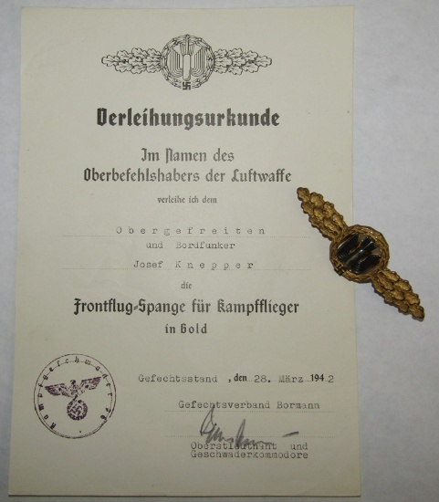 "Frontflug-Spange Fur Kampfflieger In Gold" Bomber Clasp With Named Award Document-Detlev N. COA
