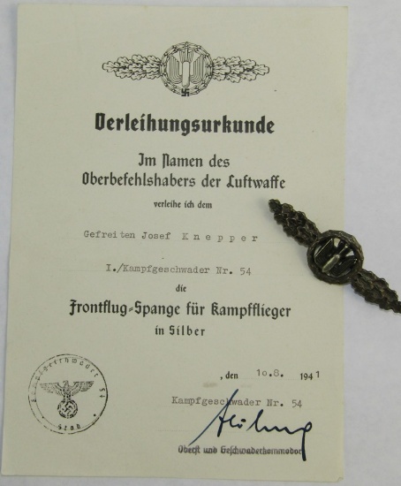 "Frontflug-Spange Fur Kampfflieger In Silber" Bomber Clasp With Named Award Document