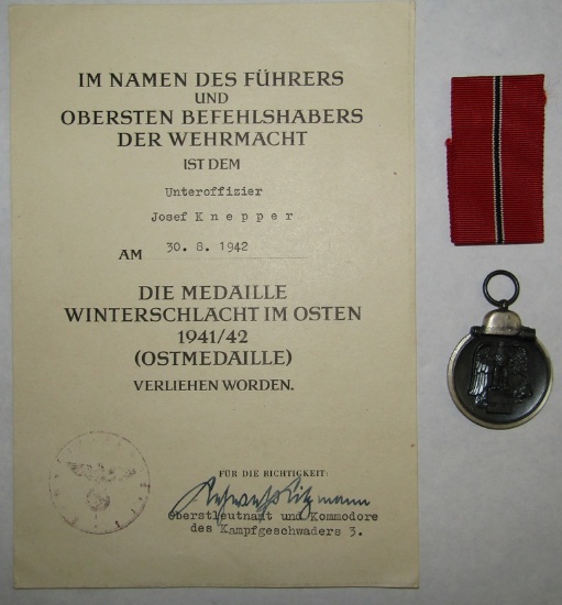 WWII Eastern Front Service Medal With Named/Dated Award Document-Luftwaffe Bomber Air Gunner