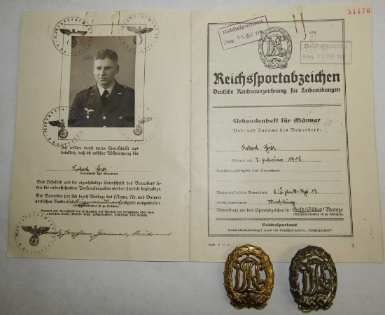 DRL Badges In Gold & Silver With Award Document To Luftwaffe EM Indicating The Award Of Both