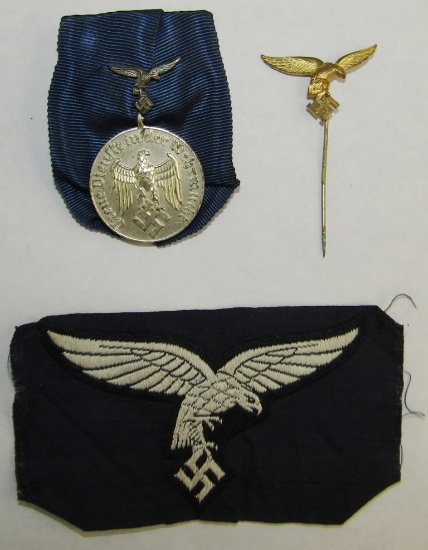 3pcs-Early Droop Tail Luftwaffe 4yr Service Medal/Stickpin/Bevo Embroidered EM Breast Eagle