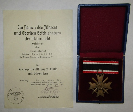 2nd Class War Merit Cross W/Swords In Rare Type Issue Case-Named/Dated Award Document