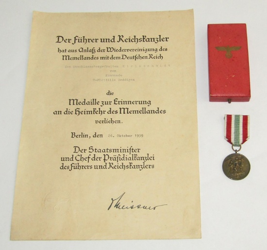 Scarce Memel Medal With Case And Award Document