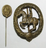 2pcs-Scarce German Equestrian Riders Badge In Bronze W/Stickpin-