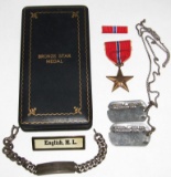 WW2 Period U.S. Officer Named Bronze Star Grouping-Dog Tags/Sterling Bracelet/Name Tag