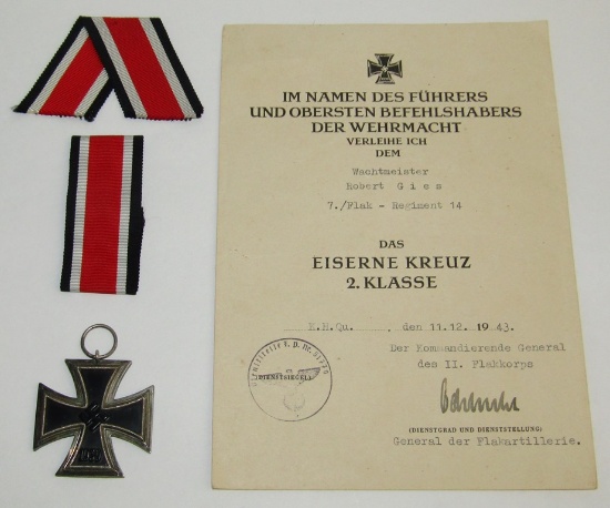 WW2 Iron Cross 2nd Class With Award Document-Button Hole/Lapel Ribbon