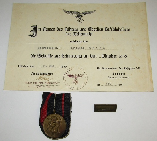 Luftwaffe Soldier Parade Mount Czech Annex Medal With Award Document/Prague Bar "L/12"