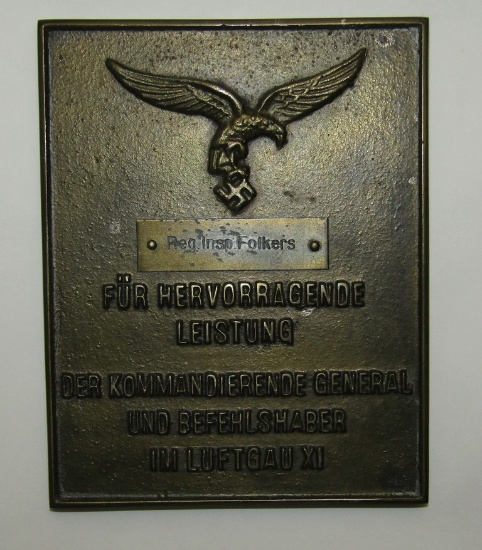 Rare Luftwaffe Award Plaque For Outstanding Service In Air District XI-Early Droop Tail-Named
