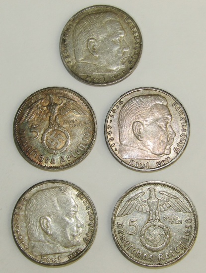 5pcs-1936 Deutsches Reich 5 Mark Silver Coins