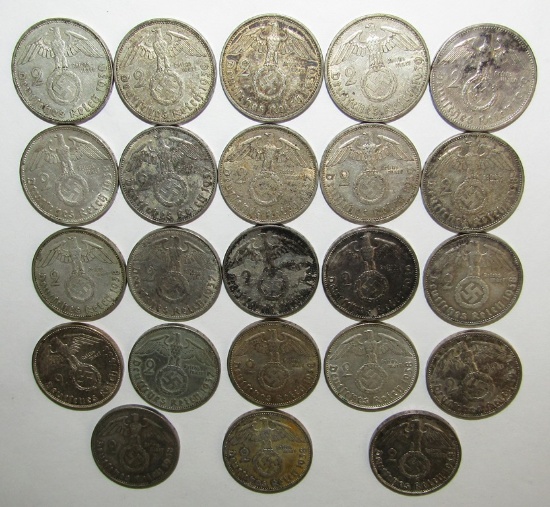 23pcs-1937/1938/1939 Deutsches Reich 2 Mark Silver Coins