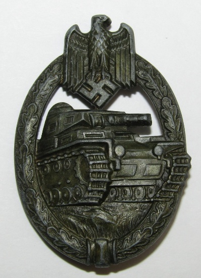 Panzer Assault Badge In Bronze-Maker Marked W/Stylized "A" Hermann Aurich