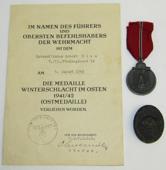 Eastern Front Medal With Award Document And 3rd Class Wound Badge In Black