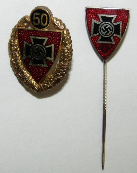 2pcs-WW1 German Veteran 50  Year NSKOV Membership Badge In Gold With Stickpin