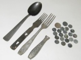 WW2 Period Nazi Marked Cutlery/Misc. 1 And 10 Pfennig Nazi Coins-2 Mark Coin