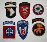 6pcs-Original WW2 Period U.S. Airborne Patches-11th, 17th, 82nd, 101st, AB Command/Glider Troops