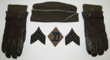 WW2 Period 26th Infantry Division Garrison Cap/Leather Gloves/Insignia Grouping