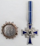 2pcs-Mother's Cross In Silver With Ribbon/Early 2 Mark 1906 Dated Silver Coin In Broach Setting
