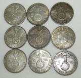 9pcs-1938/1939 Deutsches Reich 5 Mark Silver Coins