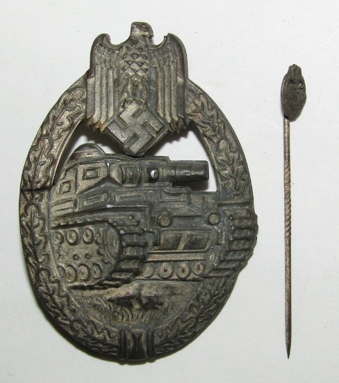 2pcs-Panzer Assault Badge In Silver W/Stickpin- "R.R.S." Maker mark For Rudolf Richter of Schlag