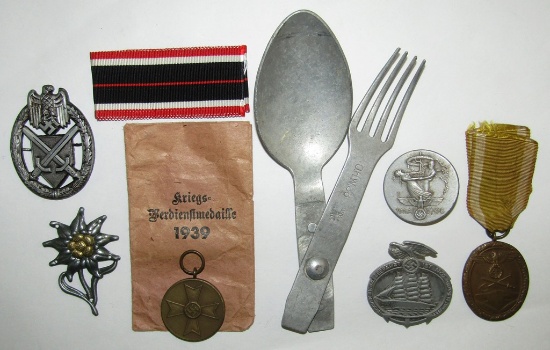 7pcs-3rd Class Kriegs Medal W/Issue Packet-West Wall Medal-Edelweiss Metal Cap Insignia ETC.