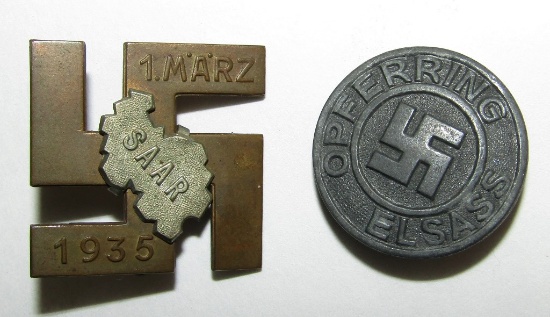 2pcs-Scarce 1. März. 1935 Saar Badge By Deschler. "Opferring Elsass" Party Member Pin
