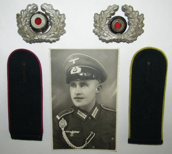 5pcs-Wehrmacht Metal Visor Cap Wreaths-Veterinary/Signals EM Shoulder Boards-Photo Postcard