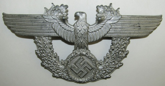 Nazi Police Shako Eagle Device-Die Struck Fein Zinc-"C.T.D" Maker